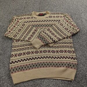 VTG Nordic Fair Isle Sweater Mens L Beige Geometric Knit Pullover Crewneck 90s